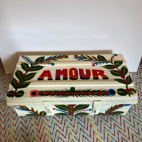 Iron trunk, painted with drawings,...