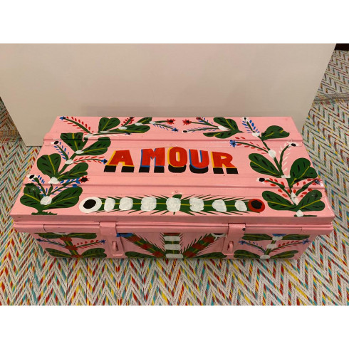 Iron trunk, painted with drawings,...