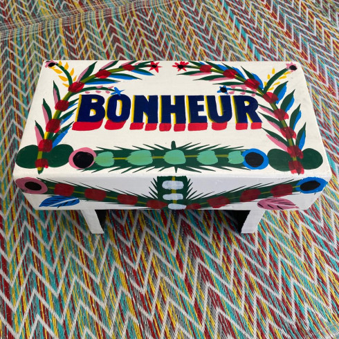 Hand painted ecru stool BONHEUR