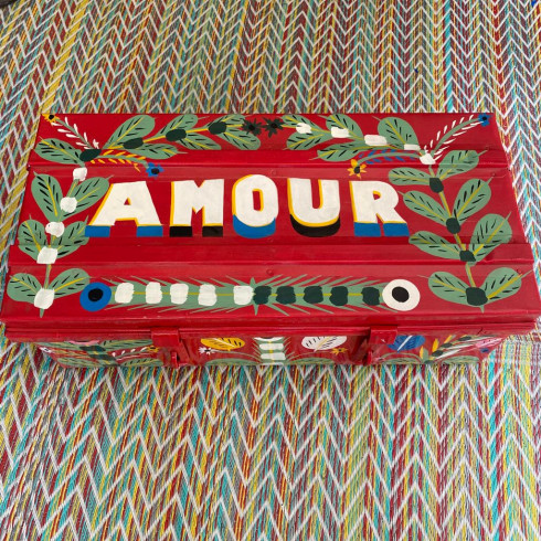Iron trunk, painted with drawings,...