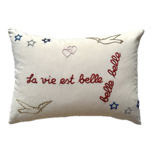 Embroidered cushion Life is beautiful