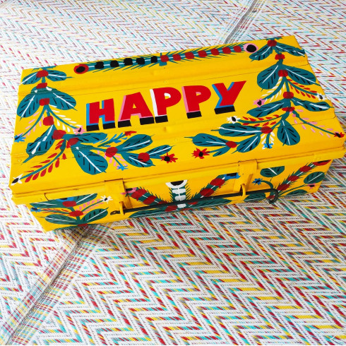 Iron trunk, painted with drawings,...